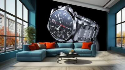 Men`s chrome wristwatch on black background. 3d illustration Wall mural